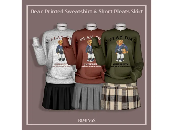 Alpha [RIMINGS] Bear Printed Sweatshirt Short Pleats Skirt by RIMINGS - The Sims 4 Custom Content