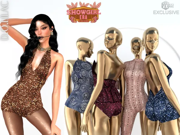 Alpha Showgirl Era Sequin Deep V Neck Bodysuit DO0990 - The Sims 4 Custom Content