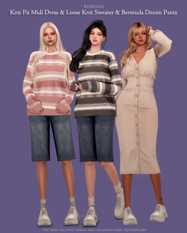Alpha [RIMINGS] Knit Fit Midi Dress Loose Knit Sweater Bermuda Denim Pants by simsfinds - The Sims 4 Custom Content