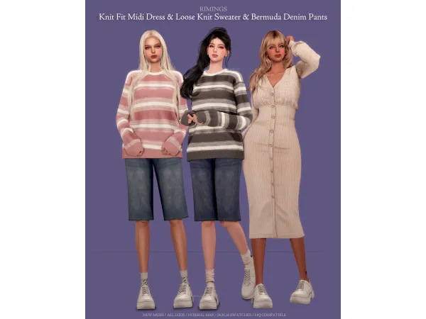 Alpha [RIMINGS] Knit Fit Midi Dress Loose Knit Sweater Bermuda Denim Pants - The Sims 4 Custom Content