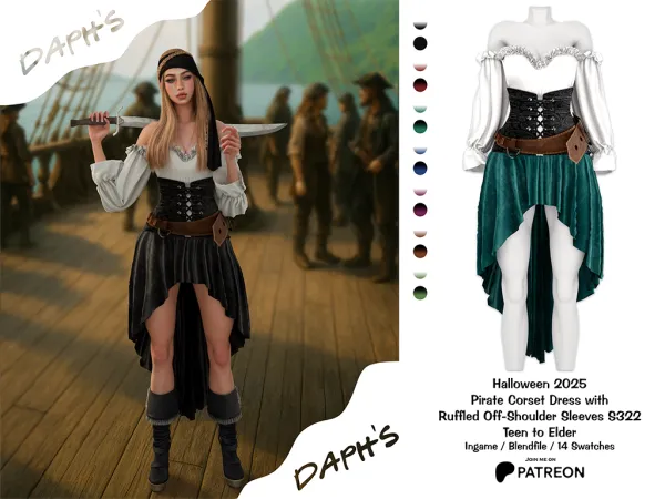 Daph's Halloween 2025 - Pirate Corset Dress with Ruffled Off-Shoulder Sleeves S322