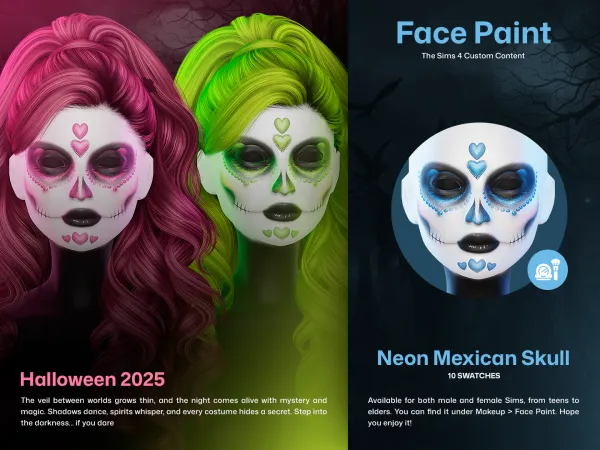 Alpha CUZISLAY Neon Mexican Skull Face Paint - The Sims 4 Custom Content