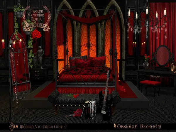 Alpha Modern Victorian Gothic Obsidian Bedroom by simcredible - The Sims 4 Custom Content