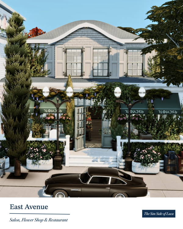 Maxis Match East Avenue Salon Flower Shop Restaurant Brindleton Bay by simsfinds - The Sims 4 Custom Content