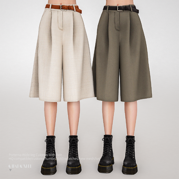 Alpha Porterna Wide leg Culottes With Belt by simsfinds - The Sims 4 Custom Content