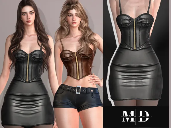 Alpha Black leather corset dress adult by mydarling20 - The Sims 4 Custom Content