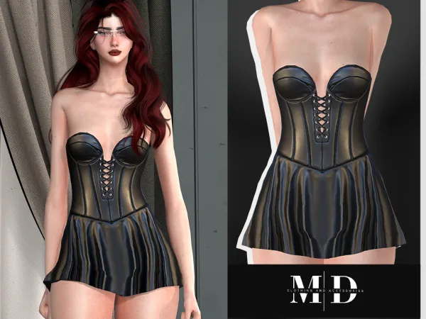 Alpha leather mini dress with laces and a sweetheart cutout by mydarling20 - The Sims 4 Custom Content