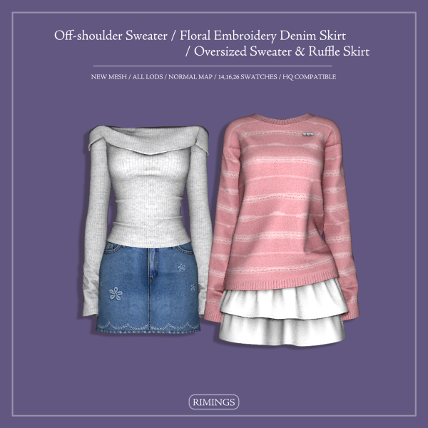 Alpha [RIMINGS] Off shoulder Sweater Floral Embroidery Denim Skirt Oversized Sweater Ruffle Skirt by simsfinds - The Sims 4 Custom Content