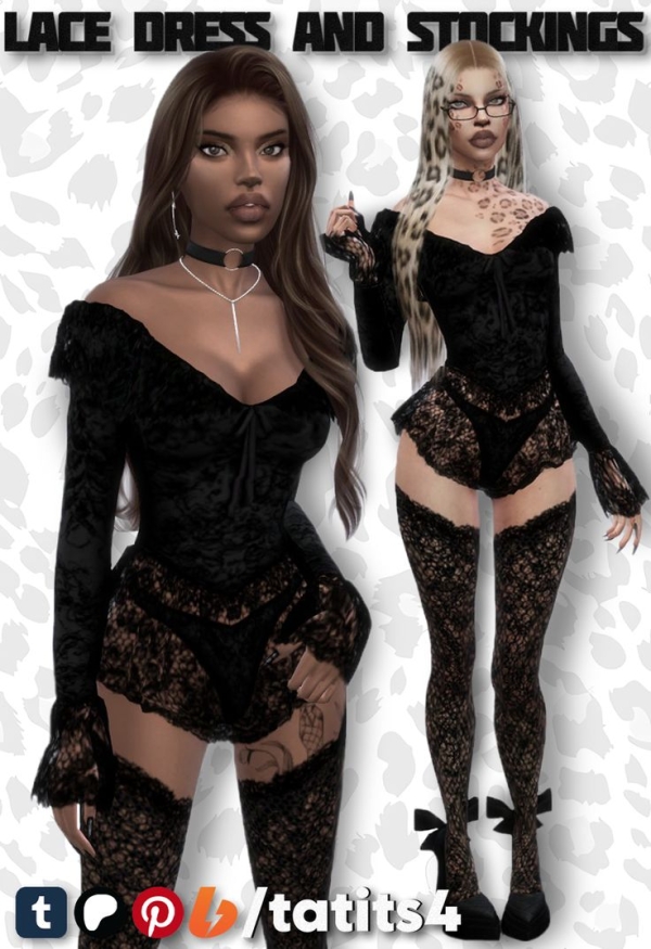 Mix Lace dress with a transparent skirt and lace stockings by tatits4 - The Sims 4 Custom Content