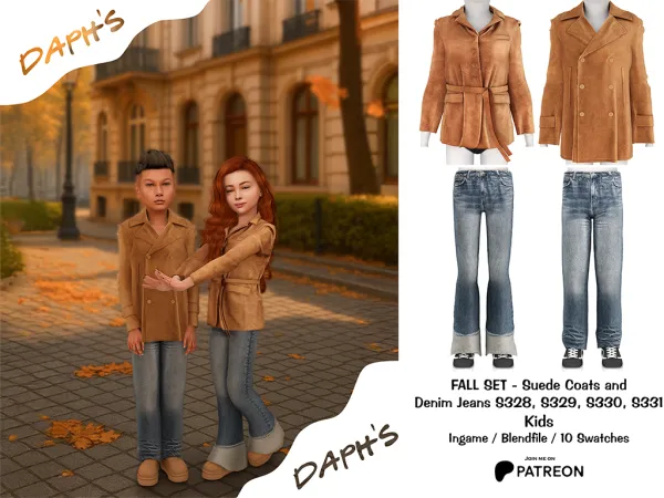 Alpha Daph's KIDS FALL SET 2025 Suede Coats and Denim Jeans S328, S329, S330, S331 - The Sims 4 custom content