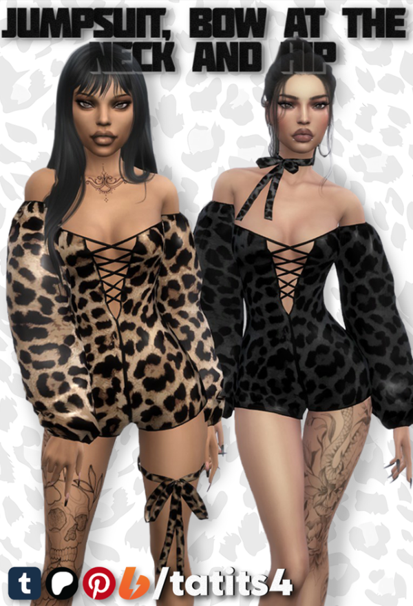 Mix A jumpsuit with voluminous sleeves choker bow and thigh accessory by tatits4 - The Sims 4 Custom Content