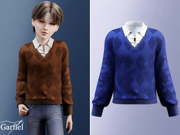 Alpha Child Patterned V neck sweater with collar by Garfiel - The Sims 4 custom content