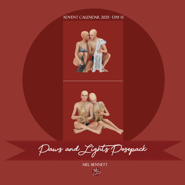 Mix Advent Calendar 2025 Day 13 Paws and Lights Posepack by melbennett - The Sims 4 Custom Content