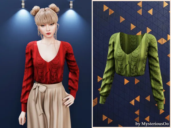 Alpha Cable knit puff sleeve top by thesimsresource - The Sims 4 Custom Content