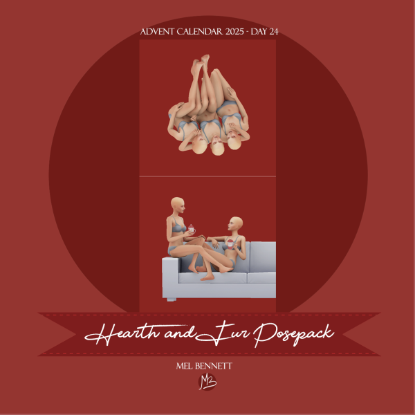Mix Advent Calendar 2025 Day 24 Hearth and Fur Posepack by melbennett - The Sims 4 Custom Content