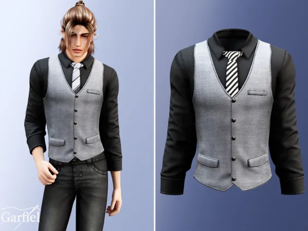 Alpha Adult Formal black shirt with patterned vest tie by thesimsresource - The Sims 4 Custom Content