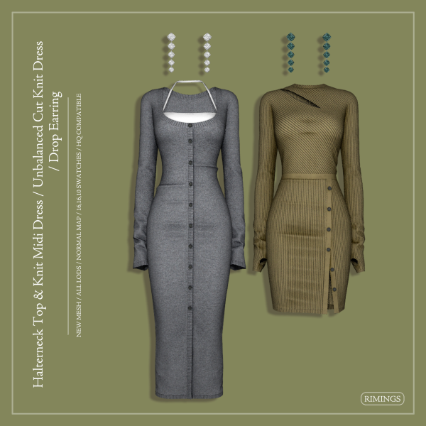 Alpha [RIMINGS] Halterneck Top Knit Midi Dress Unbalanced Cut Knit Dress Drop Earring by simsfinds - The Sims 4 Custom Content
