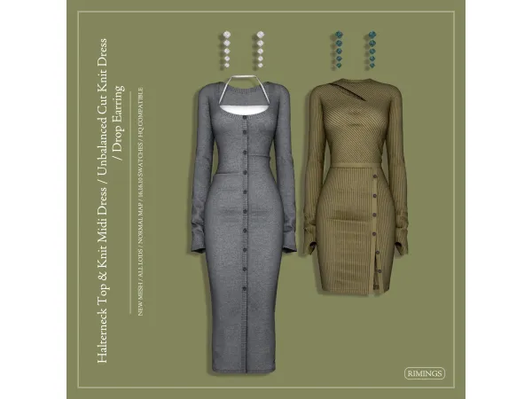 Alpha [RIMINGS] Halterneck Top Knit Midi Dress Unbalanced Cut Knit Dress Drop Earring - The Sims 4 Custom Content
