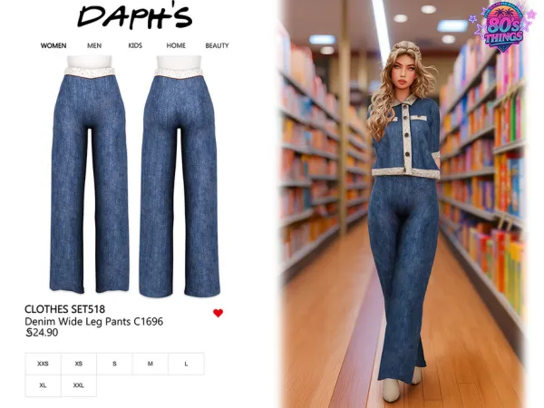 Alpha Daph's 80'S THINGS Clothes SET518 Denim Wide Leg Pants C1696 - The Sims 4 custom content
