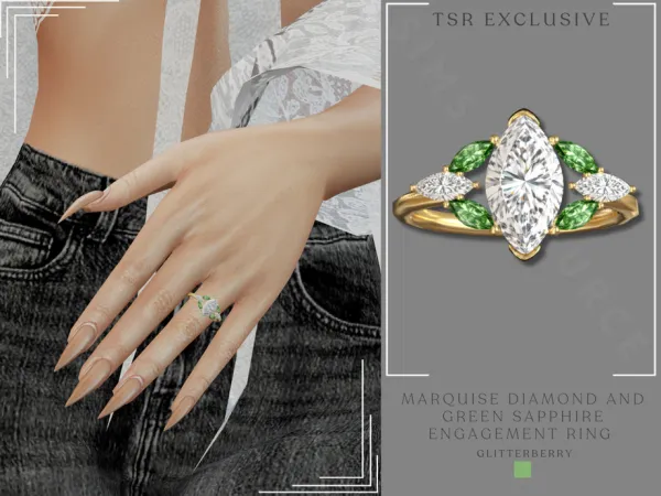 Alpha Marquise Diamond and Green Sapphire Engagement Ring by thesimsresource - The Sims 4 Custom Content