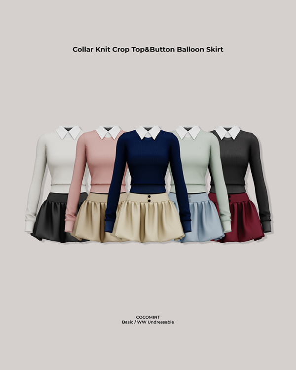 Alpha [cocomint] Collar Knit Crop TopButton Balloon Skirt by cocomint - The Sims 4 Custom Content