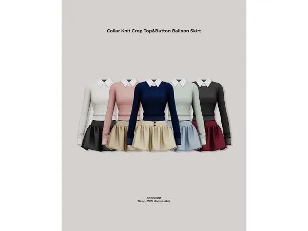 [cocomint] Collar Knit Crop Top&Button Balloon Skirt