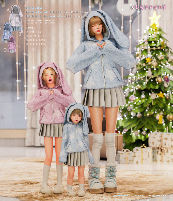 Alpha [SUNBERRY]#25.83_ female & Child & Toddler Rabbit hood Outfit Set by simsfinds - The Sims 4 custom content