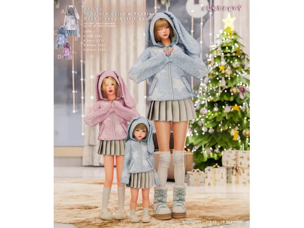 Alpha [SUNBERRY]#25.83_ female & Child & Toddler Rabbit hood Outfit Set - The Sims 4 custom content
