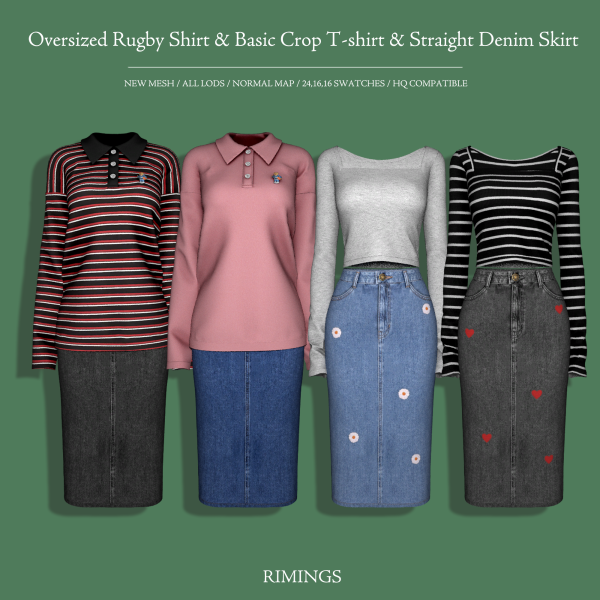 Alpha [RIMINGS] Oversized Rugby Shirt & Basic Crop T shirt & Straight Denim Skirt by simsfinds - The Sims 4 custom content