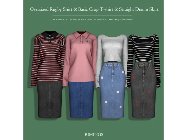 Alpha [RIMINGS] Oversized Rugby Shirt & Basic Crop T shirt & Straight Denim Skirt - The Sims 4 custom content