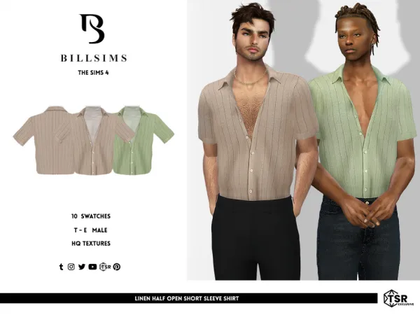 Alpha Linen Half Open Short Sleeve Shirt by Bill_Sims - The Sims 4 custom content