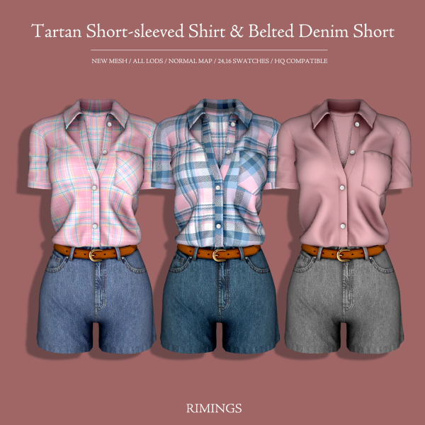 Alpha [RIMINGS] Tartan Short sleeved Shirt Belted Denim Short by simsfinds - The Sims 4 Custom Content