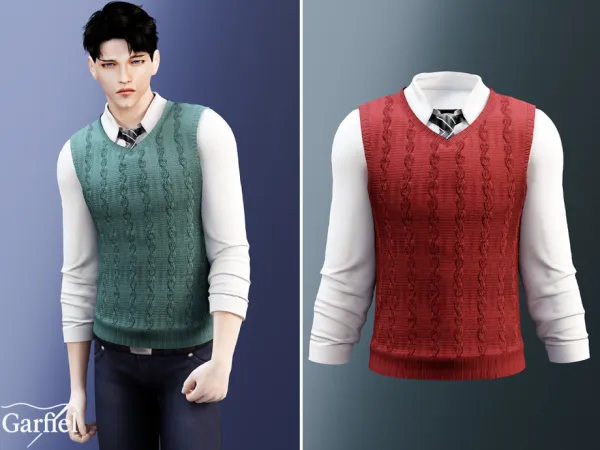 Alpha Adult Cable knit vest layered over shirt and tie by thesimsresource - The Sims 4 Custom Content