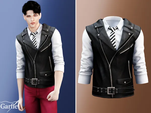 Alpha Adult Leather biker vest layered over shirt and tie by Garfiel - The Sims 4 custom content