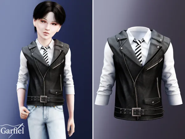 Alpha Child Leather style vest with shirt and striped tie by thesimsresource - The Sims 4 custom content