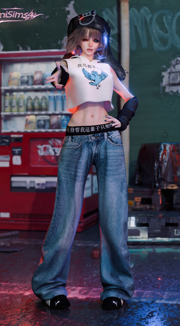 Alpha Prank Series Meme Tank Top Lettered Waistband Baggy Jeans by simsfinds - The Sims 4 Custom Content