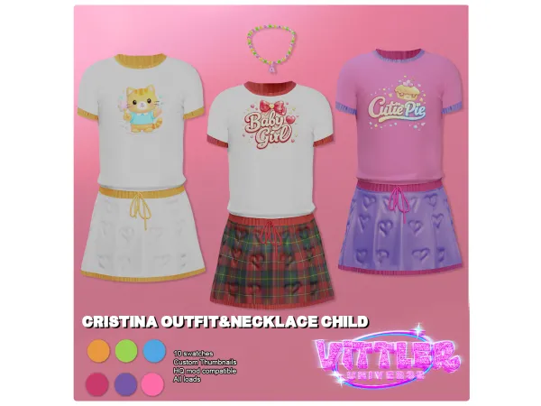 Alpha Cristina Outfit & Necklace CHILD by VittlerUniverse - The Sims 4 custom content