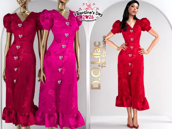 Alpha Heart Embellished Puff Sleeve Dress DO2145 by d-o-lilac - The Sims 4 Custom Content