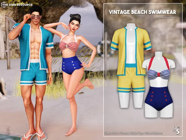 Alpha Vintage Beach Swimwear Set by WisteriaSims - The Sims 4 custom content