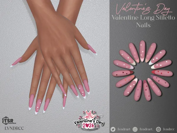 Alpha (Valentine's Day 2026) Heart Decal Long Almond Nails by lvndrcc - The Sims 4 Custom Content