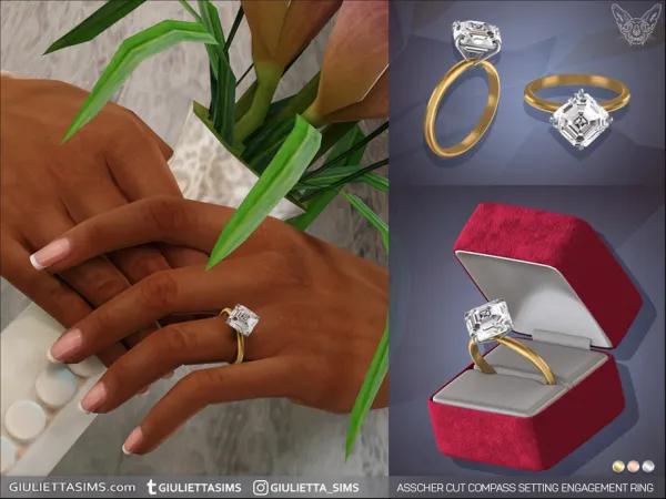 Alpha Asscher Cut Compass Setting Engagement Ring by thesimsresource - The Sims 4 Custom Content